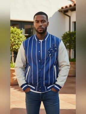 Ring of Fire Blue White Varsity Letterman Jacket Striped Baseball Bomber Sm